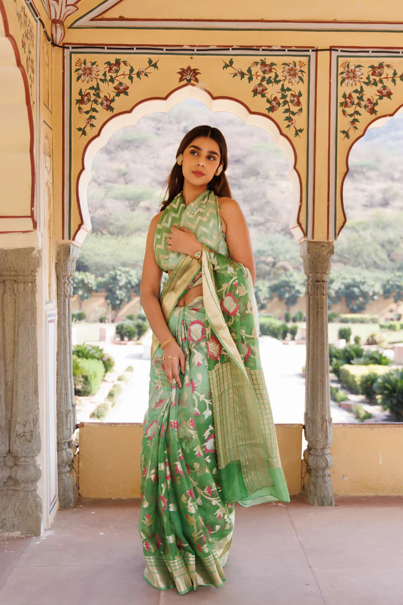 Green Shaded Hand Woven Pure Kota Silk Saree