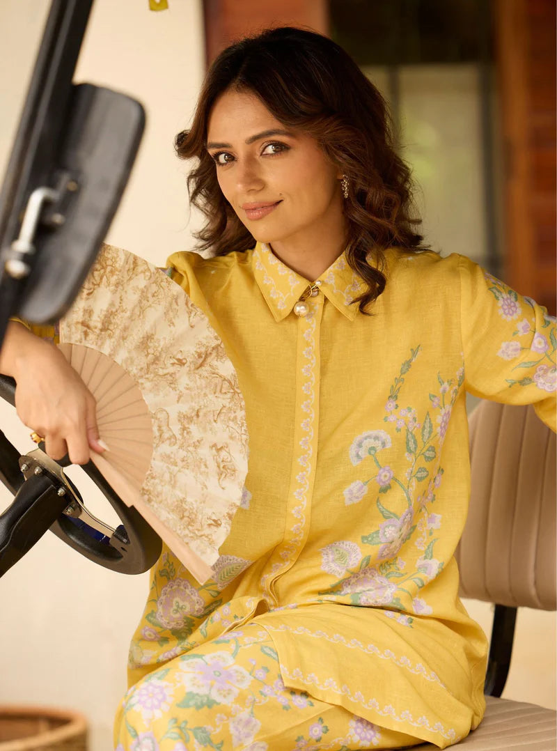 Fleur Yellow Printed Linen Shirt & Pant Set