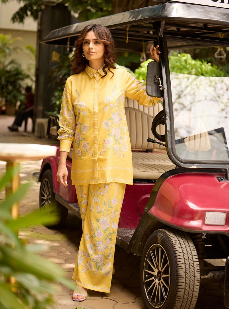 Fleur Yellow Printed Linen Shirt & Pant Set