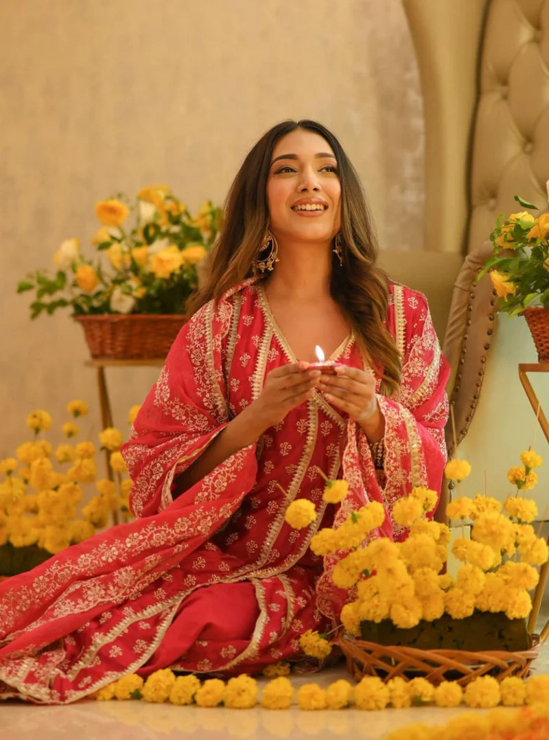 Patola Fuchsia Organza Satin Anarkali Kurta & Pima Satin Pant Set