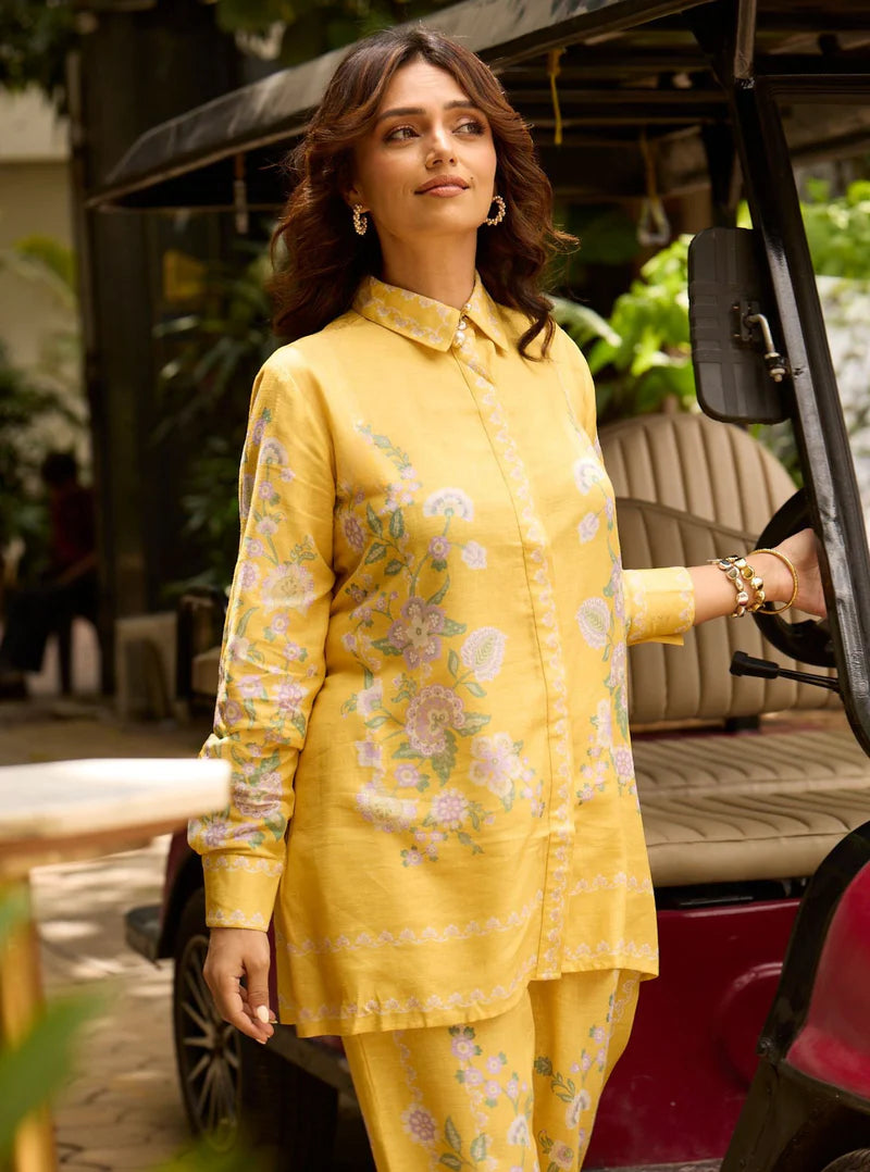 Fleur Yellow Printed Linen Shirt & Pant Set