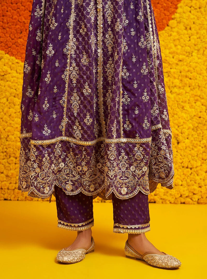 Chalka Purple Banarasi Anarkali Kurta & Pant Set