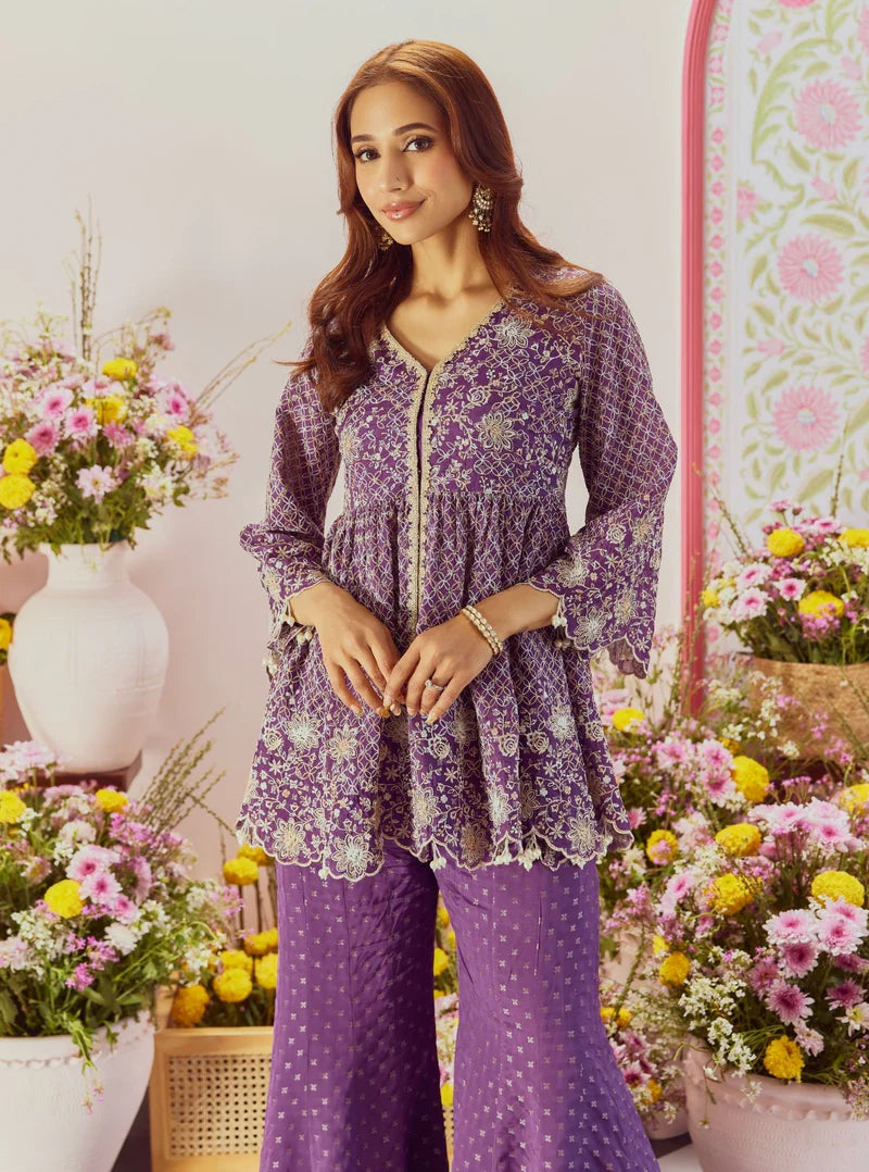 Ghunghroo Purple Banarsi Top & Sharara Set
