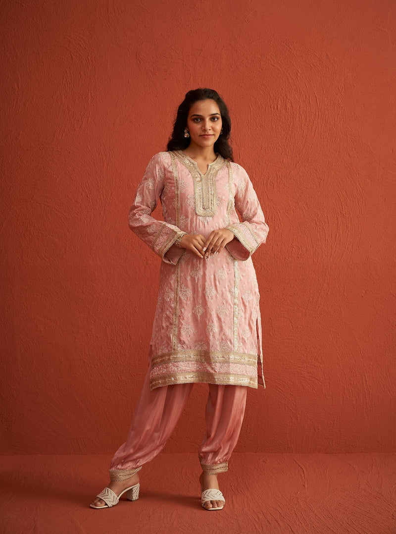 Faye Pink Banarasi Kurta & Cupro Satin Pant Set