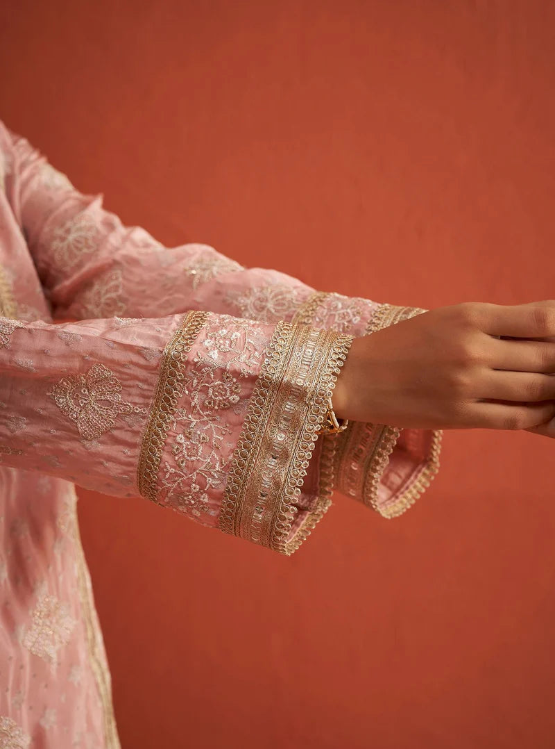 Faye Pink Banarasi Kurta & Cupro Satin Pant Set