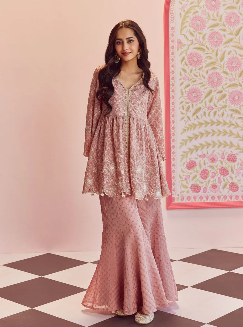 Ghunghroo Pink Banarsi Top & Sharara Set