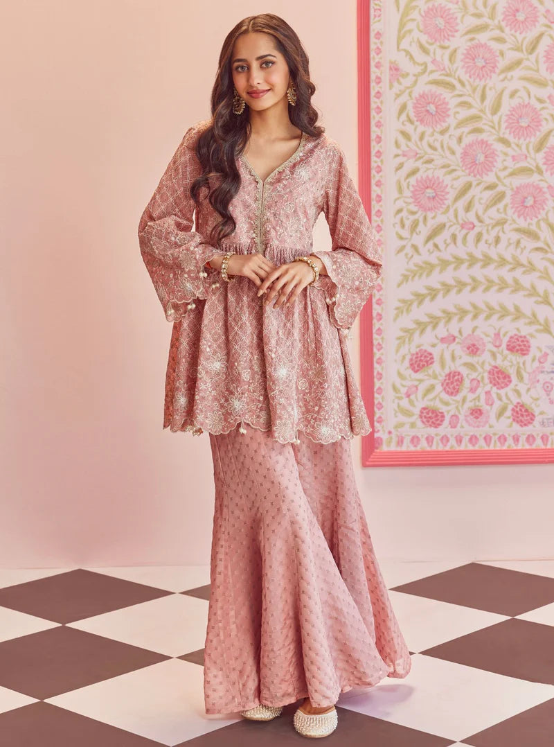 Ghunghroo Pink Banarsi Top & Sharara Set