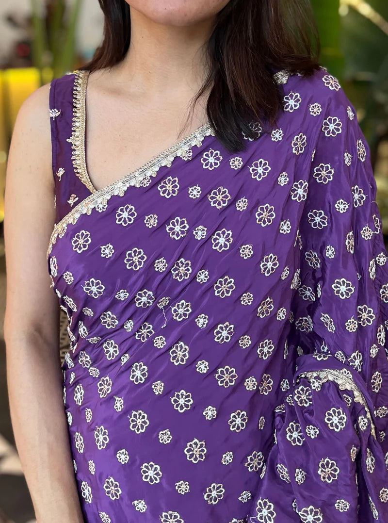 Crepe Brahmi Pre-Stitched Purple Saree