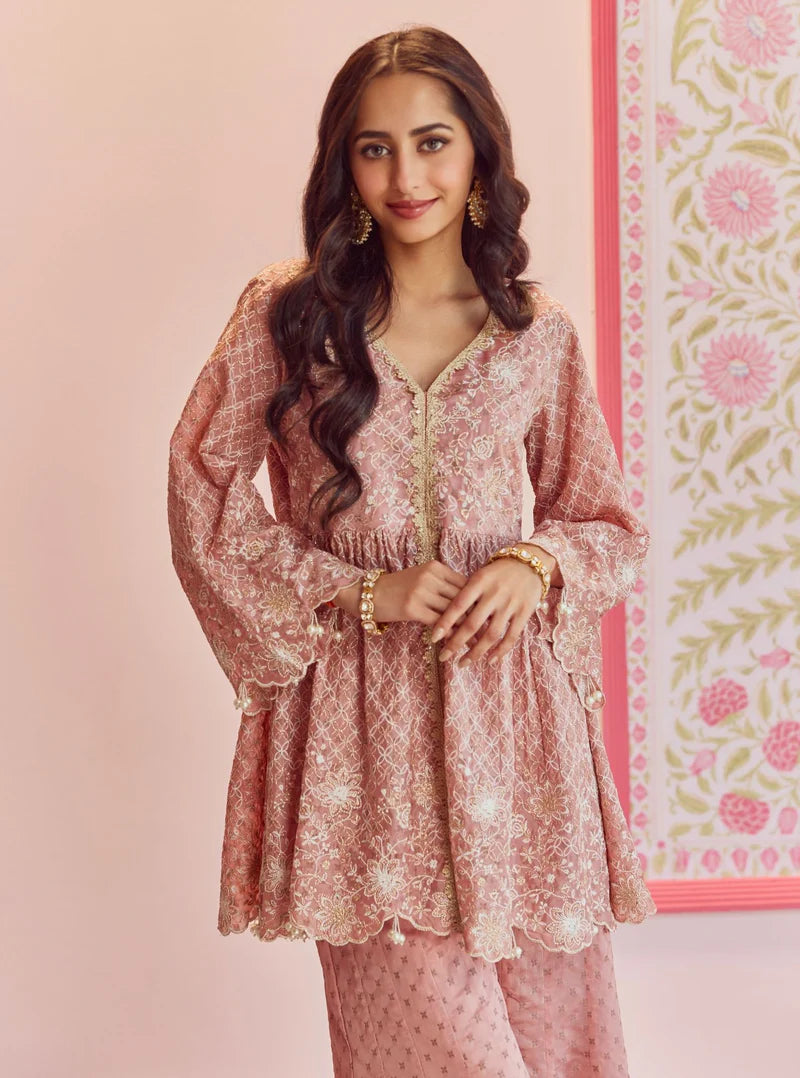 Ghunghroo Pink Banarsi Top & Sharara Set