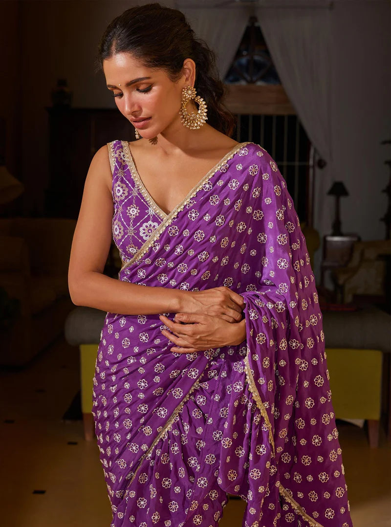 Crepe Brahmi Pre-Stitched Purple Saree