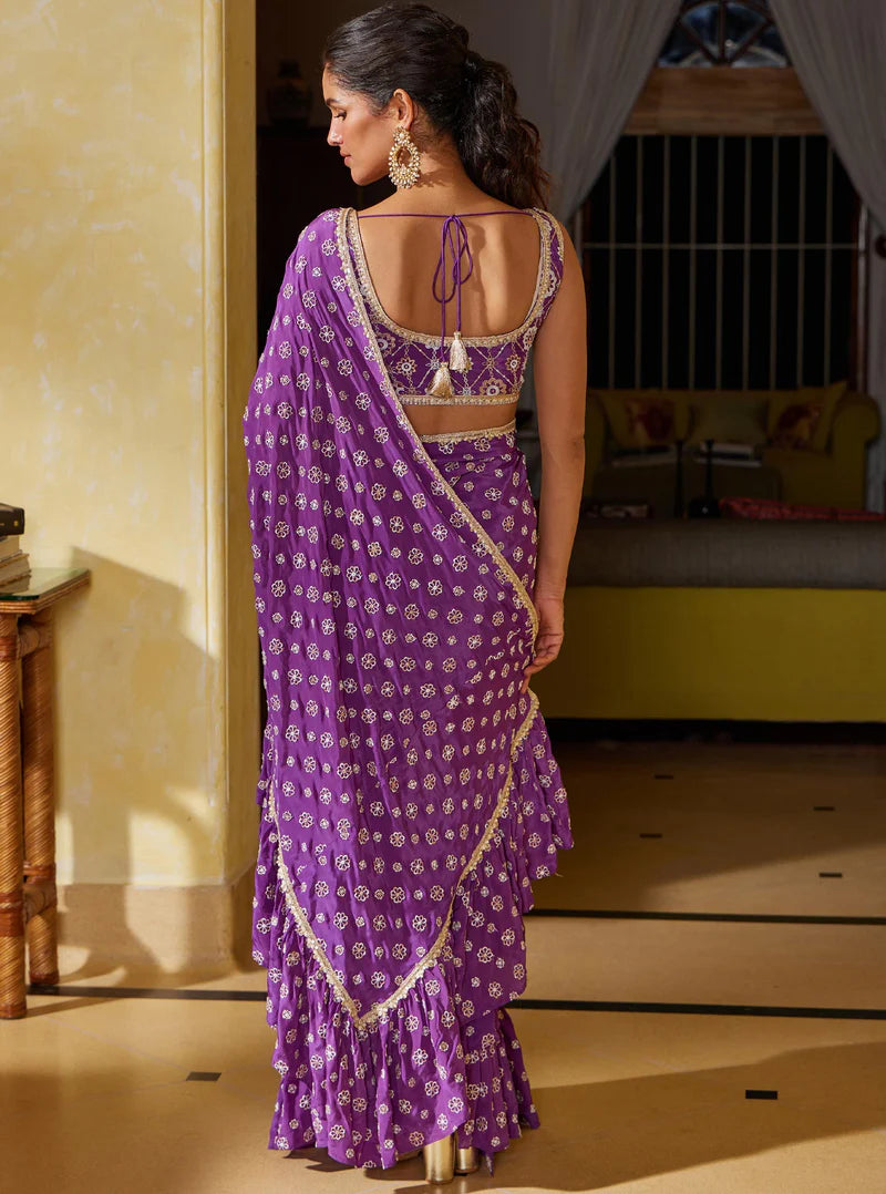Crepe Brahmi Pre-Stitched Purple Saree