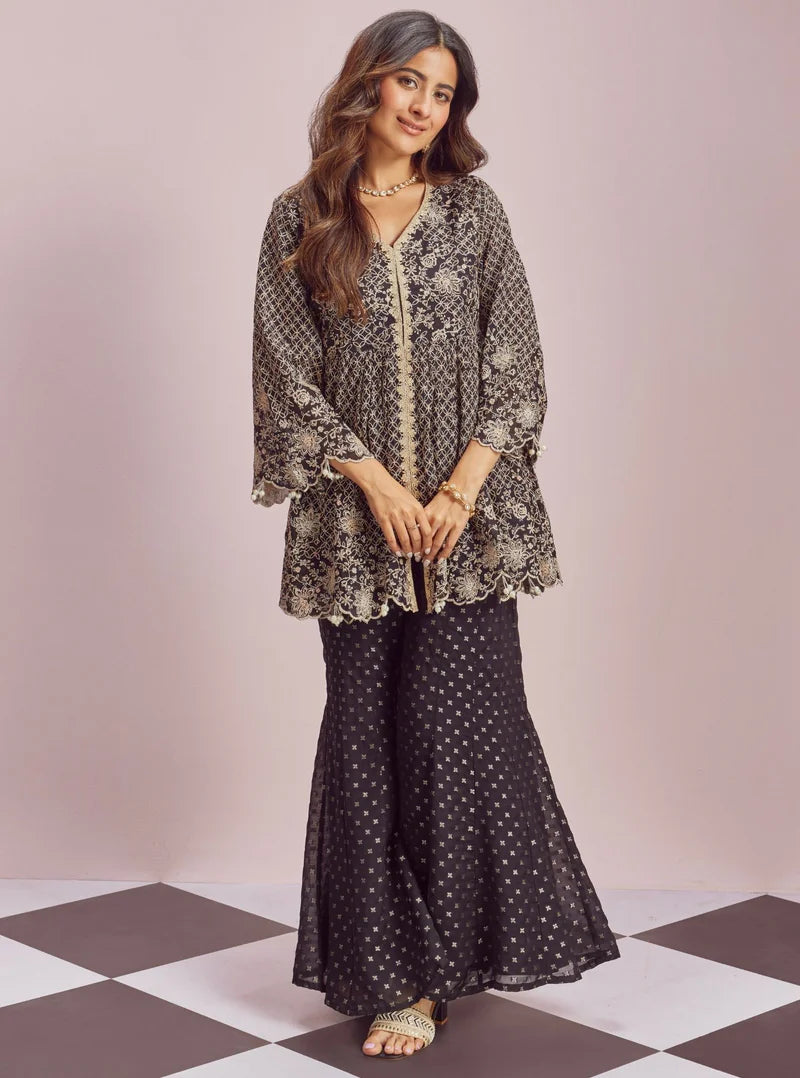 Ghunghroo Black Banarsi Top & Sharara Set