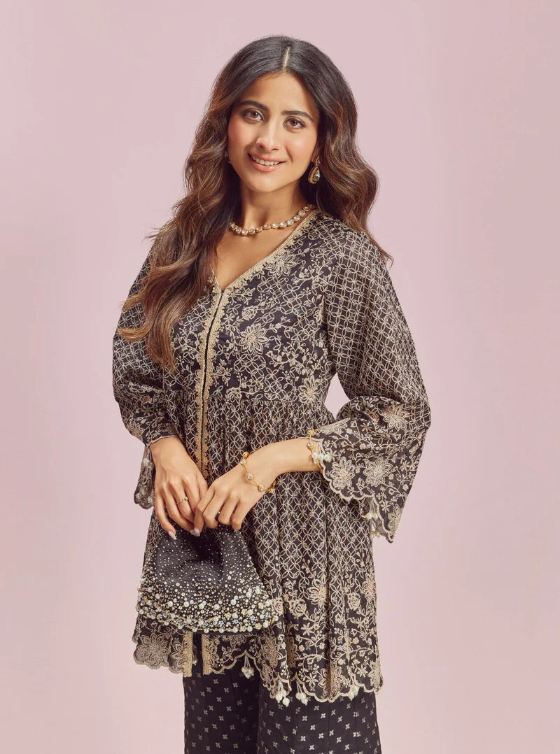 Ghunghroo Black Banarsi Top & Sharara Set