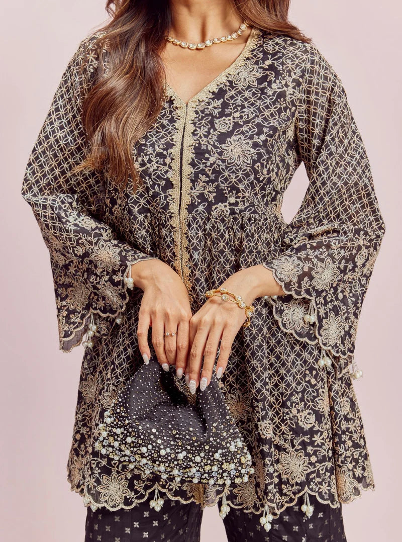 Ghunghroo Black Banarsi Top & Sharara Set