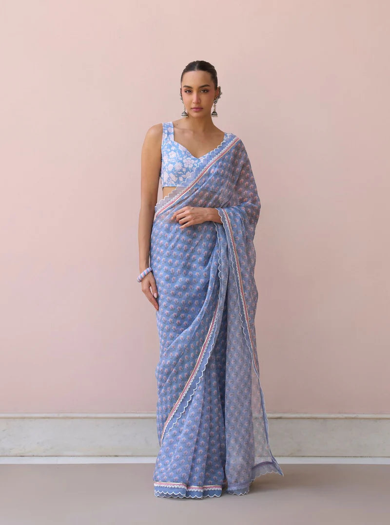 Clarimond Steel Blue Printed Organza Saree