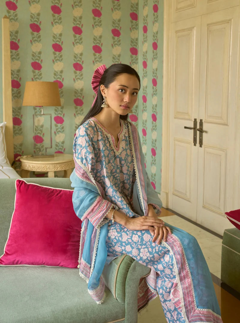 Rosabelle Steel Blue  Cotton Kurta Set