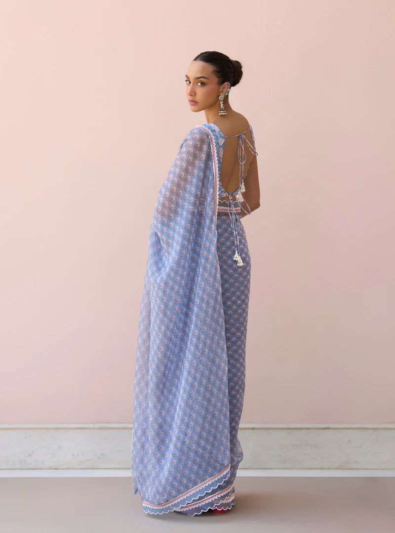 Clarimond Steel Blue Printed Organza Saree