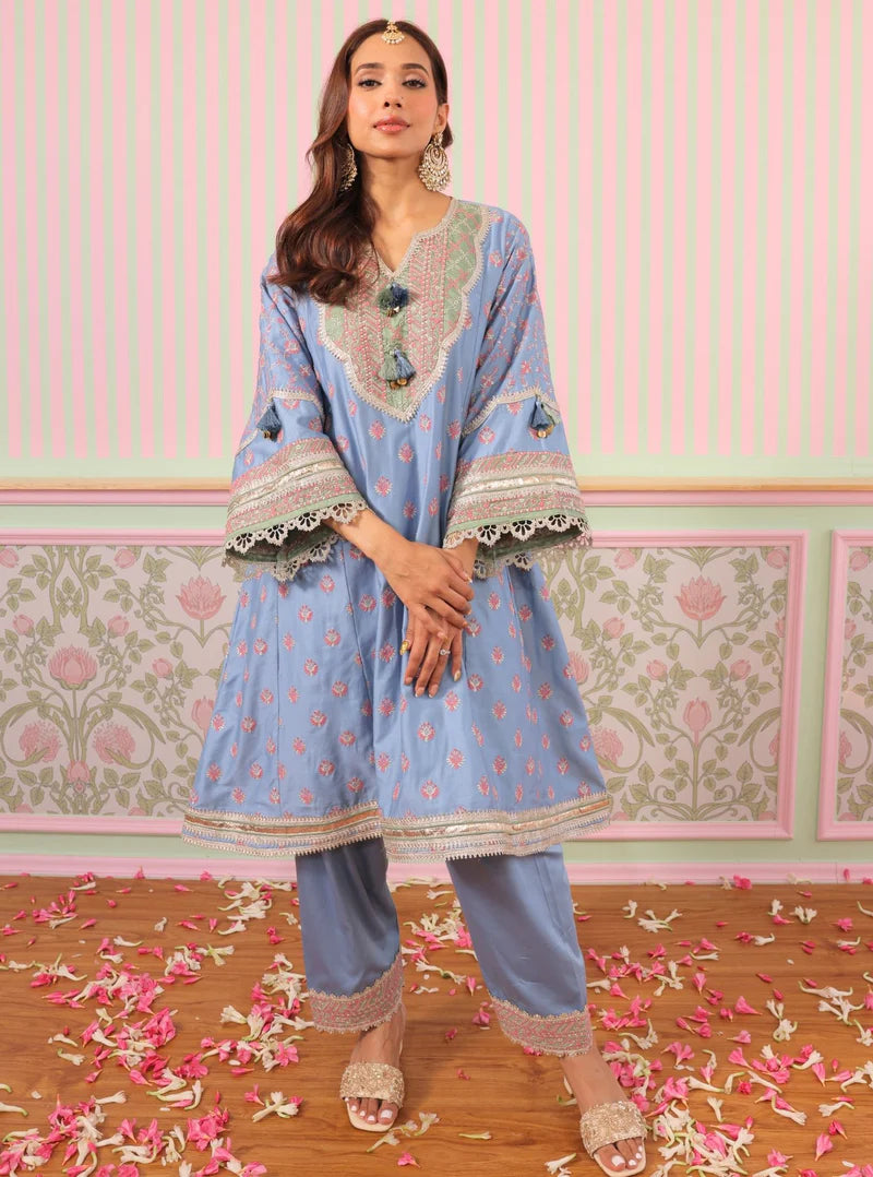 Bandhan Denim Pima Satin Kurta & Pant Set