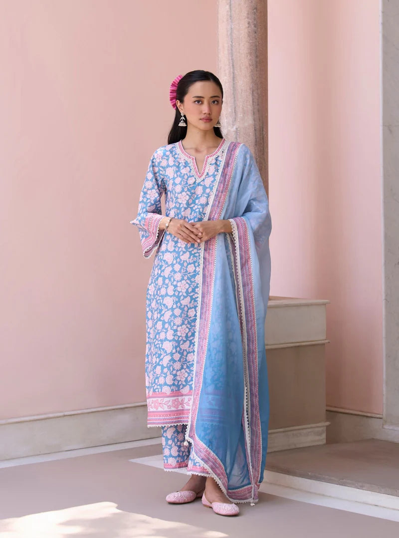 Rosabelle Steel Blue  Cotton Kurta Set