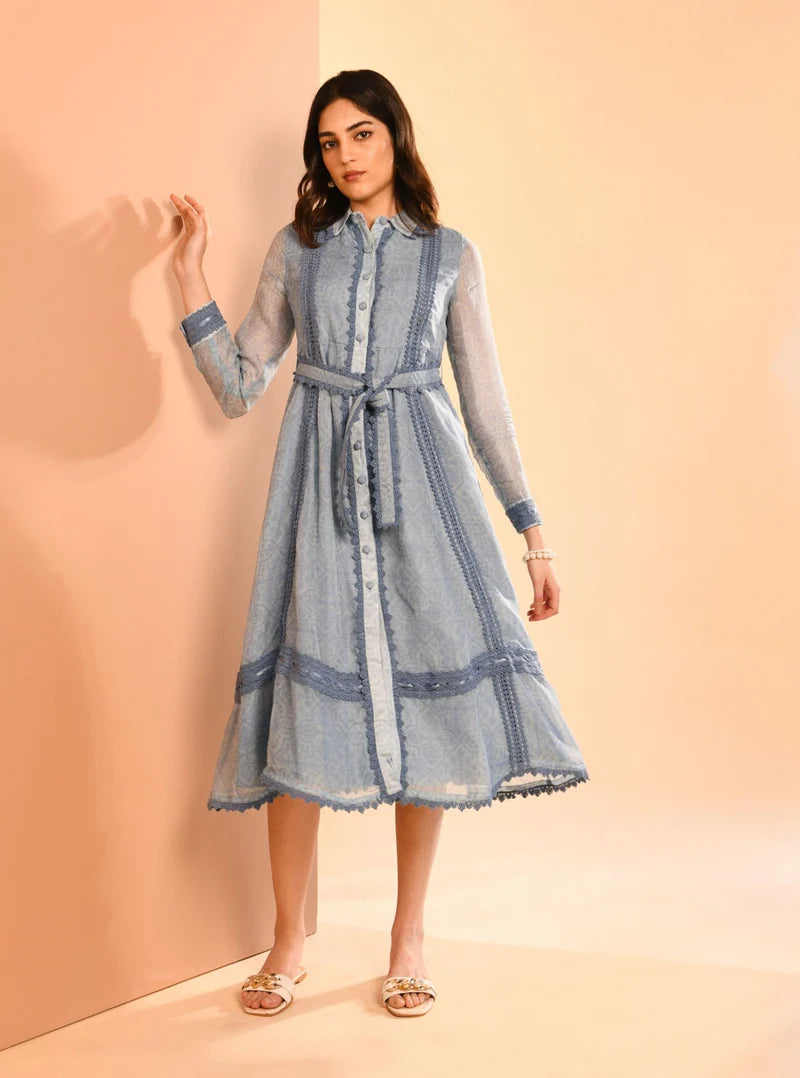 Organza Liz Printed Blue Long Dress
