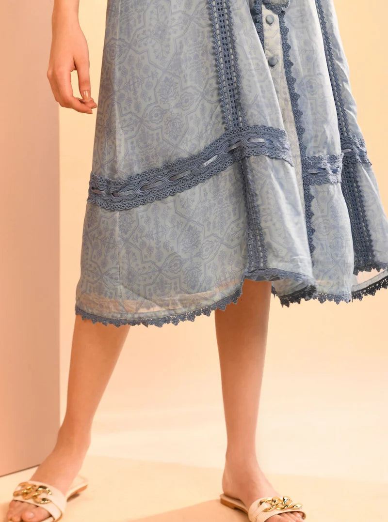 Organza Liz Printed Blue Long Dress