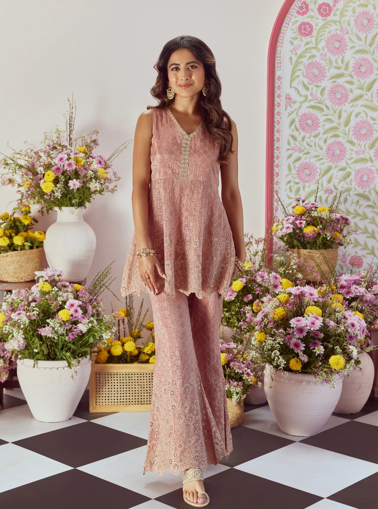 Araj Pink Royal Tissue Top & Pant Set