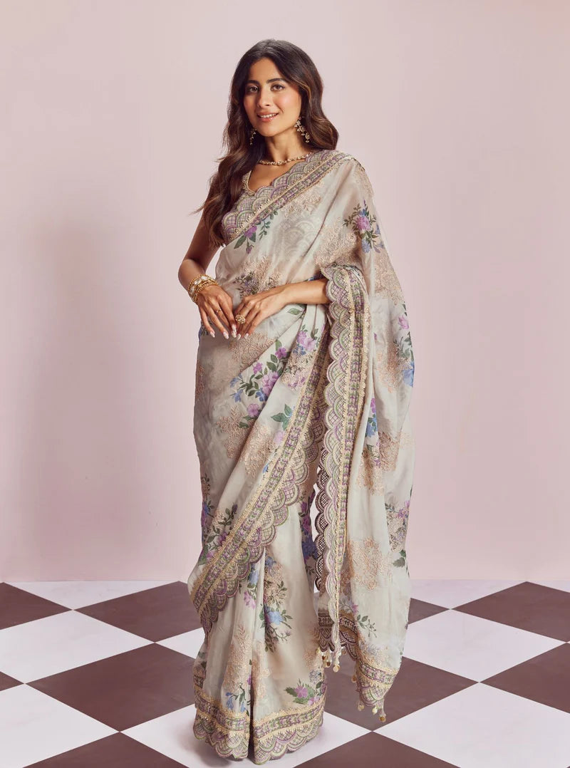 Organza Printed Swar Dull White Saree