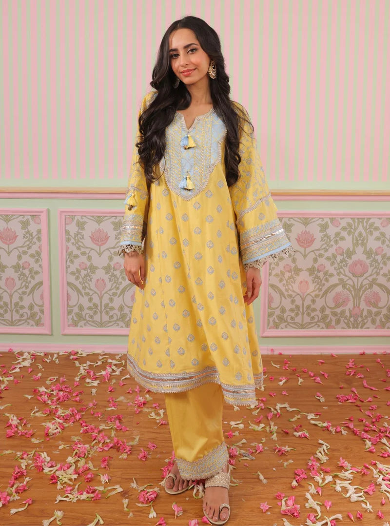 Bandhan Yellow Pima Satin Kurta & Pant Set
