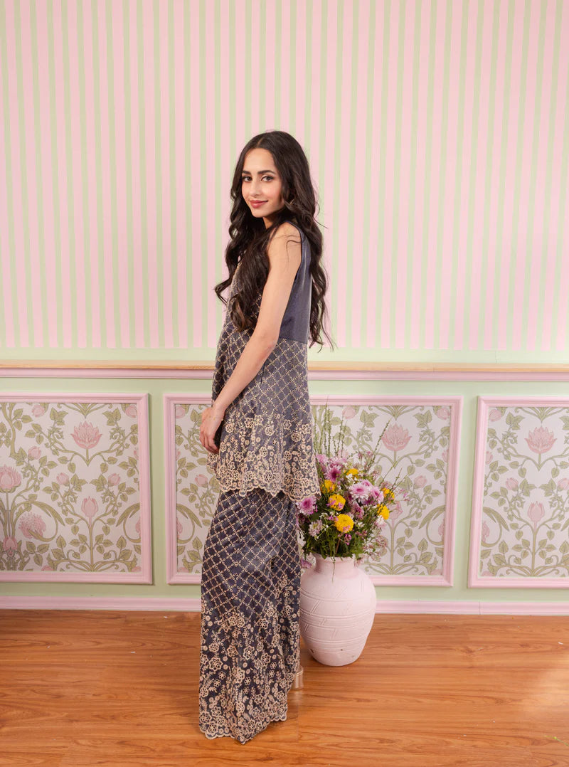 Araj Navy Royal Tissue Top & Pant Set