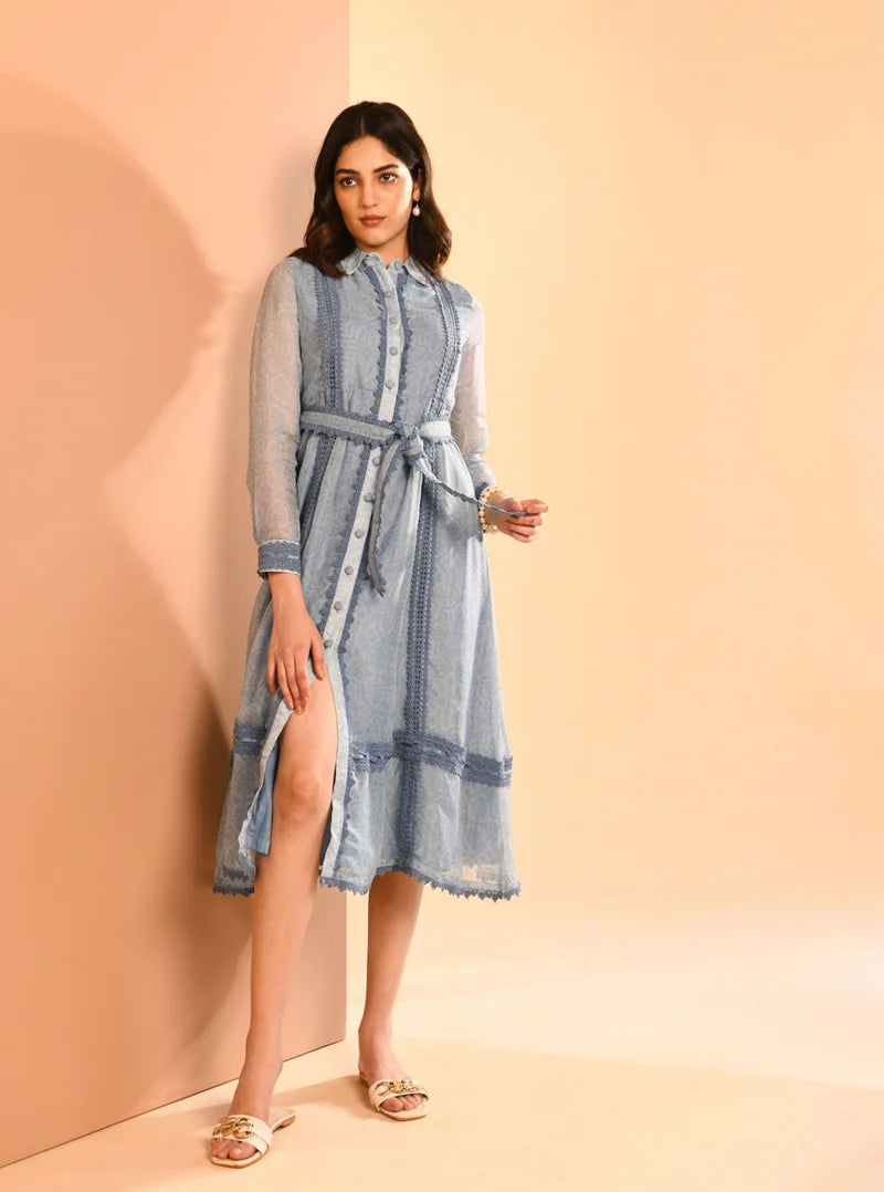 Organza Liz Printed Blue Long Dress