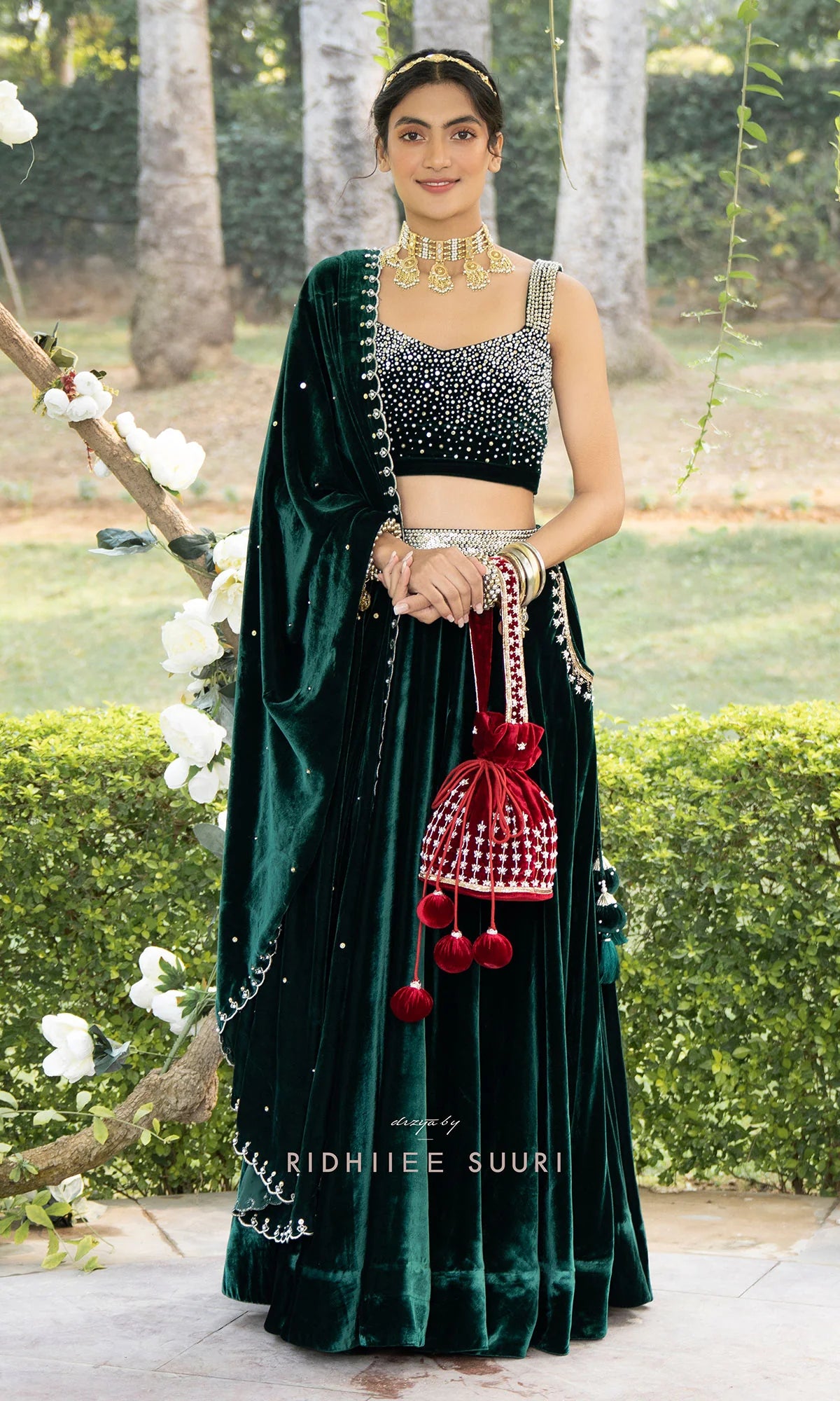 Bareen Mughals Bottle Green Silk Velvet Lehenga With Velvet Embroidered Bustier & Shawl- Set Of 3