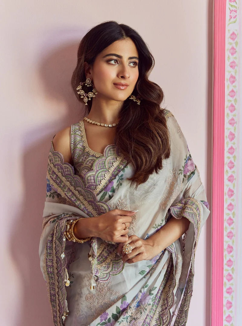 Organza Printed Swar Dull White Saree