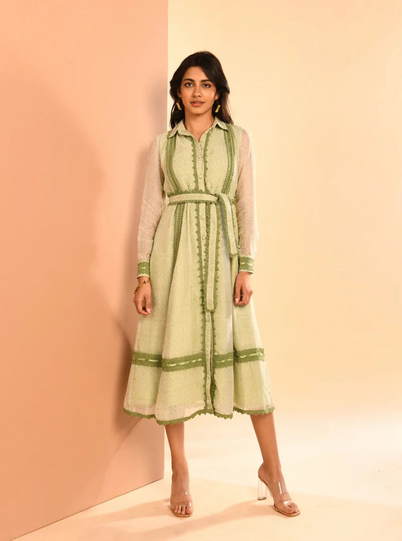Organza Liz Printed Green Long Dress