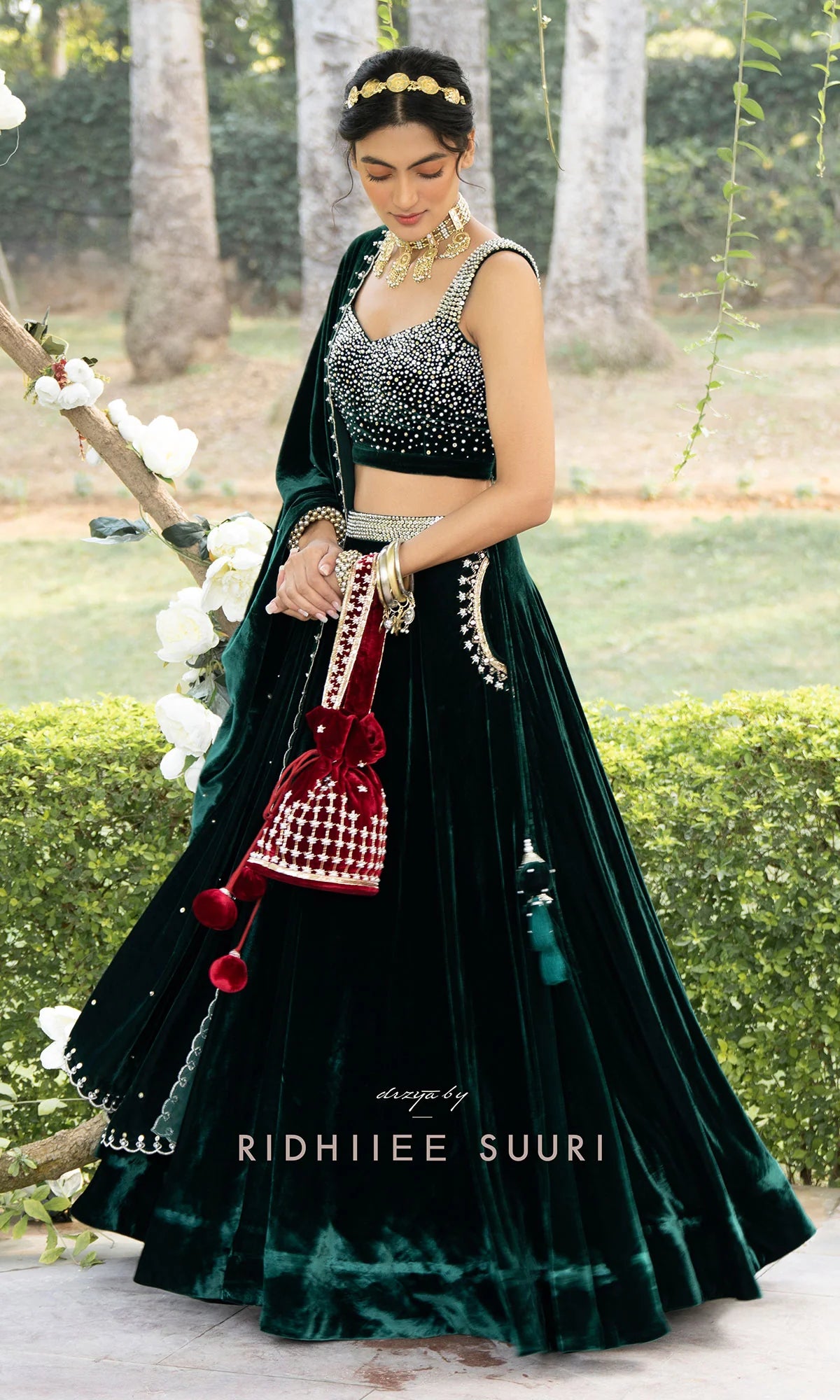 Bareen Mughals Bottle Green Silk Velvet Lehenga With Velvet Embroidered Bustier & Shawl- Set Of 3