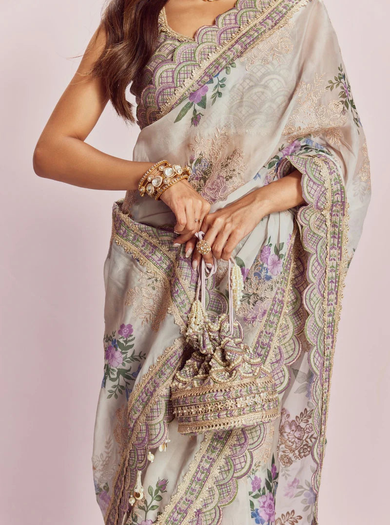 Organza Printed Swar Dull White Saree