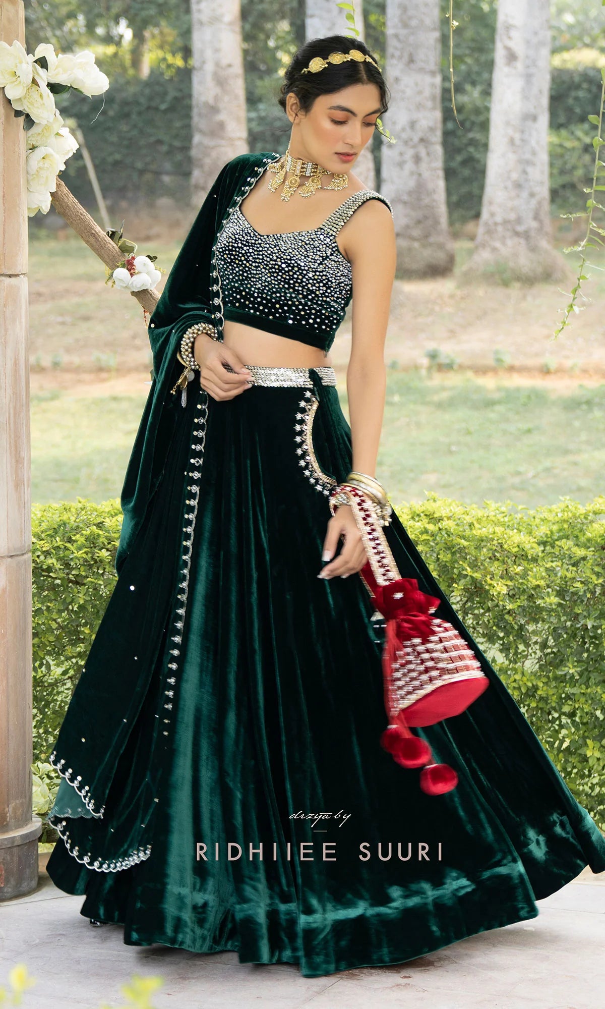 Bareen Mughals Bottle Green Silk Velvet Lehenga With Velvet Embroidered Bustier & Shawl- Set Of 3