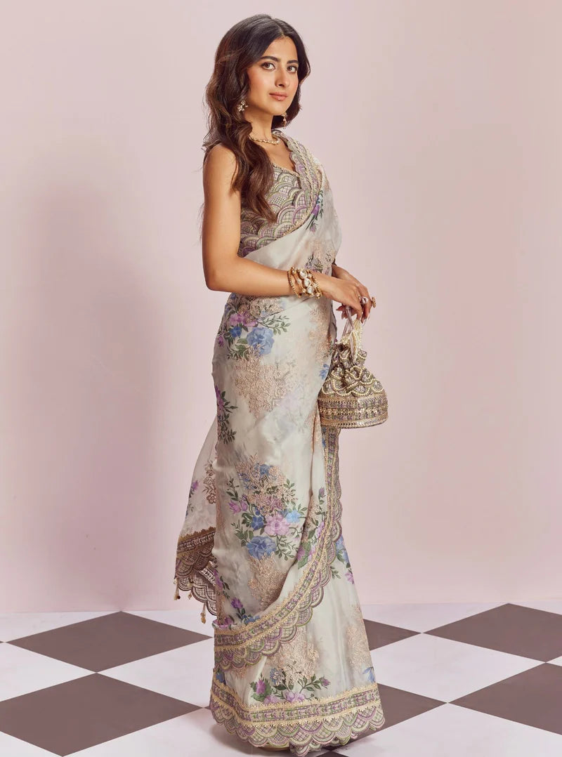 Organza Printed Swar Dull White Saree