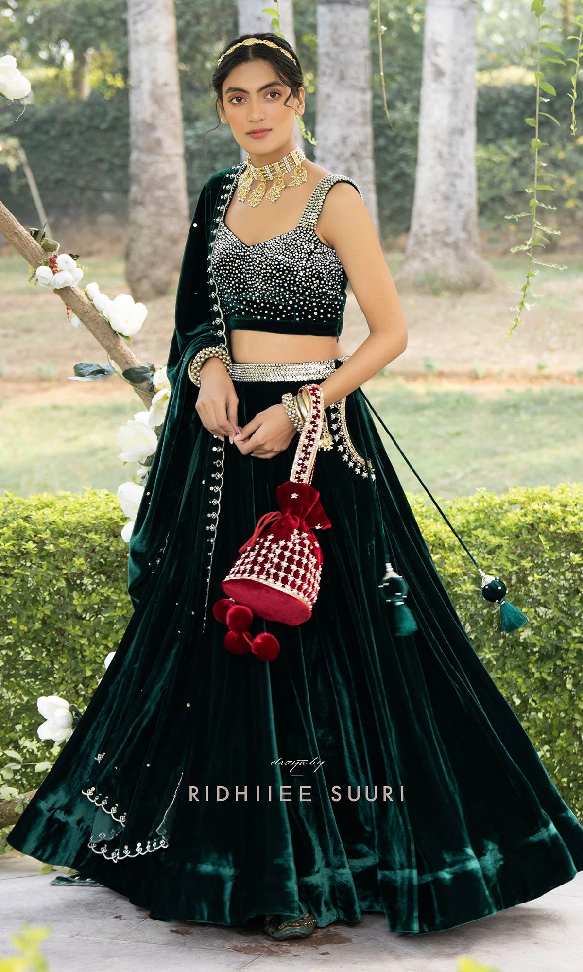 Bareen Mughals Bottle Green Silk Velvet Lehenga With Velvet Embroidered Bustier & Shawl- Set Of 3