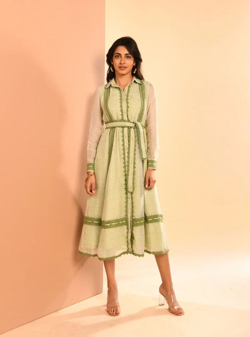 Organza Liz Printed Green Long Dress