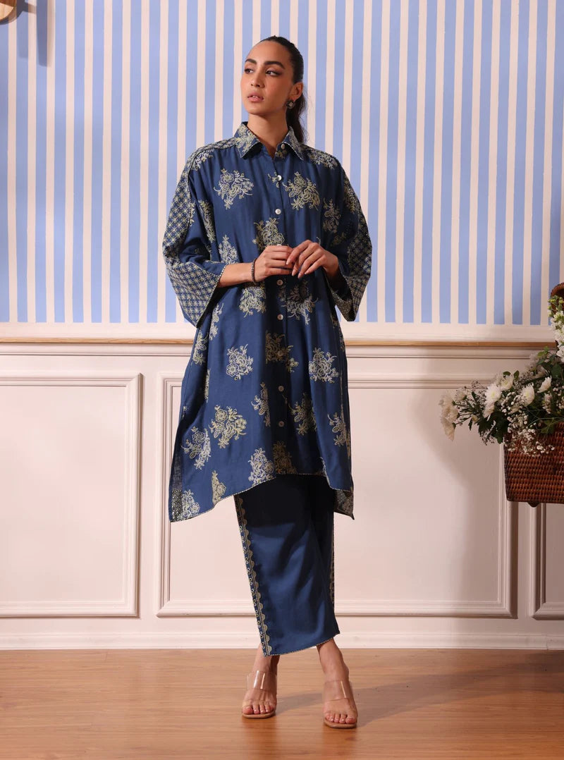 Gema Navy Linen Kurta & Pant Set