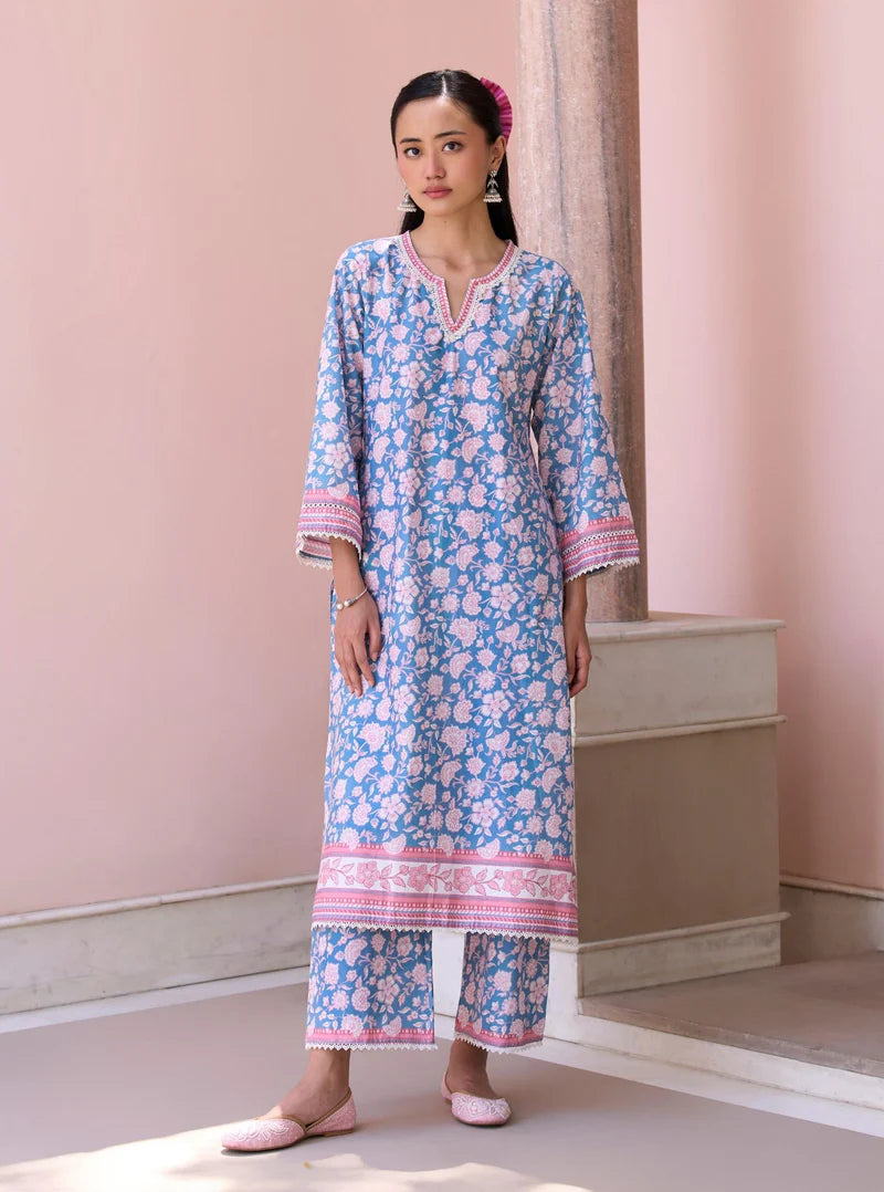 Rosabelle Steel Blue  Cotton Kurta Set