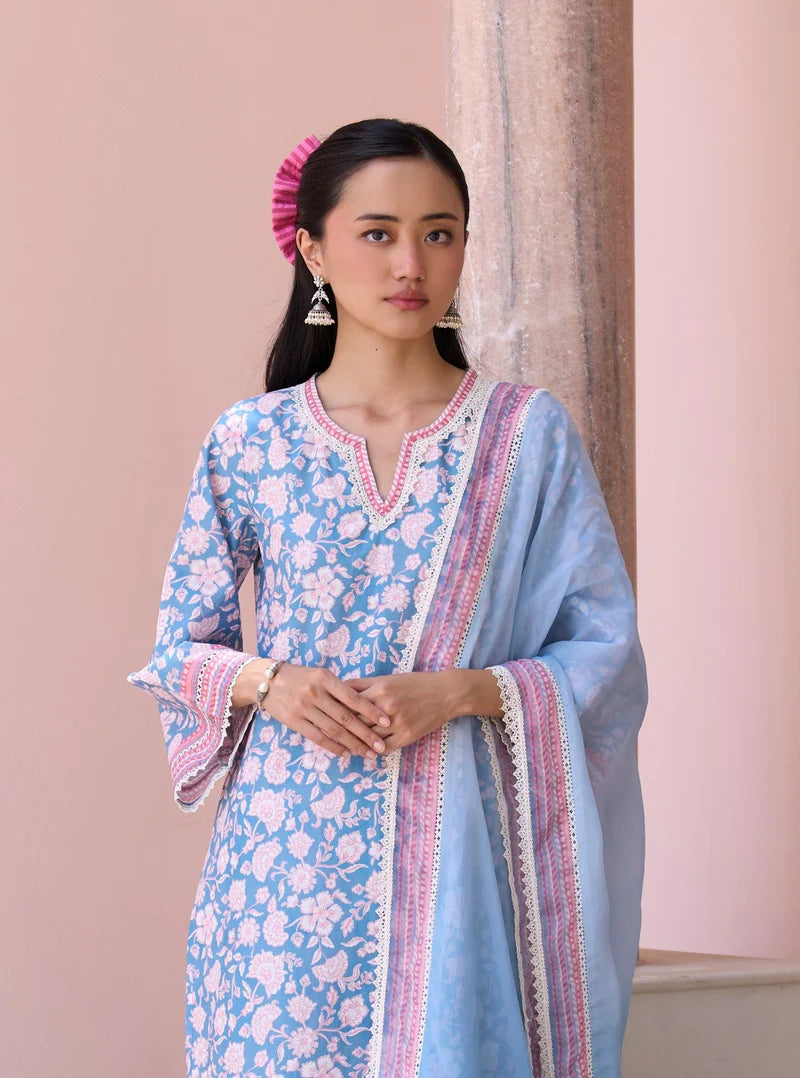 Rosabelle Steel Blue  Cotton Kurta Set