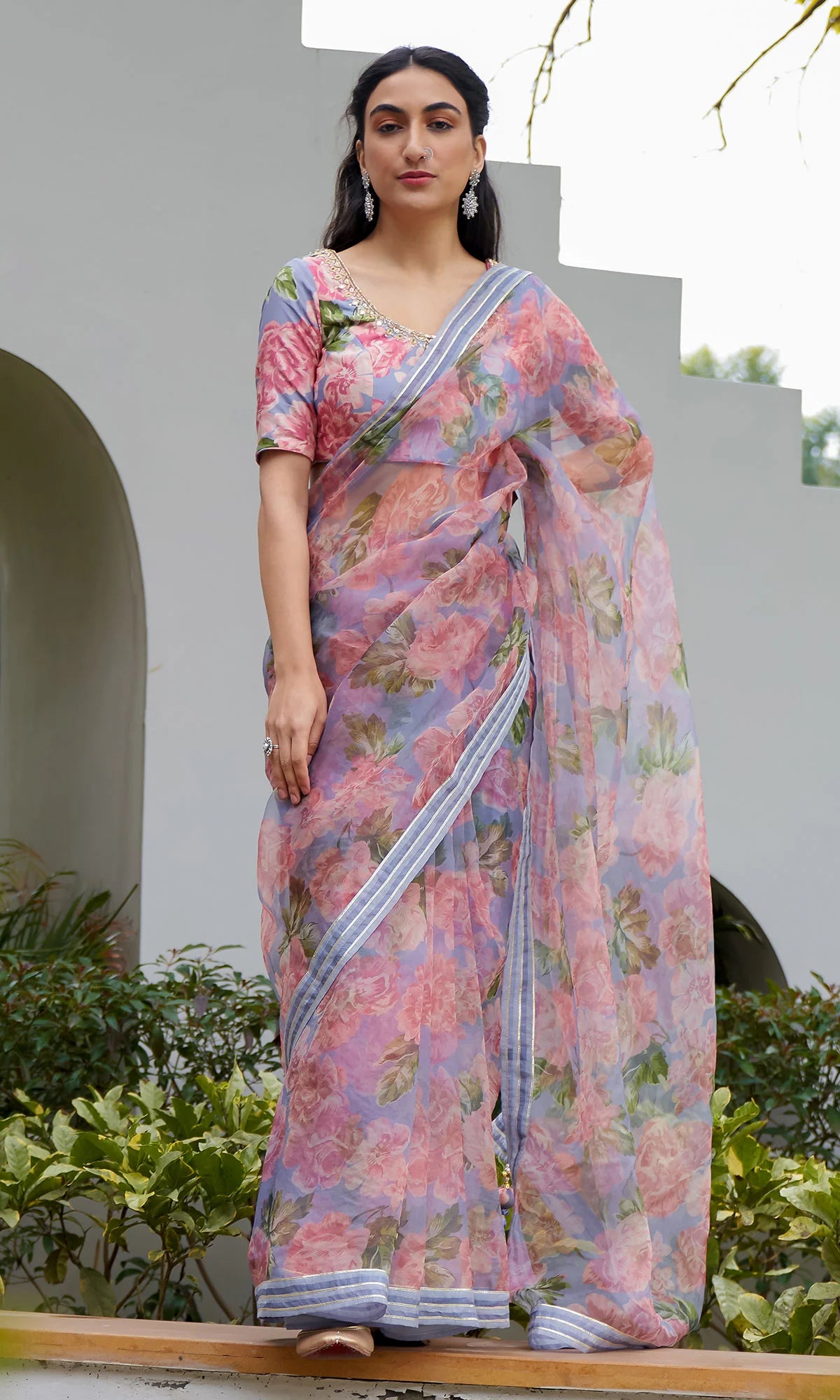AZRA LILAC FLORAL PRINTED SAREE WITH FLORAL PRINT BLOUSE - SET OF 3