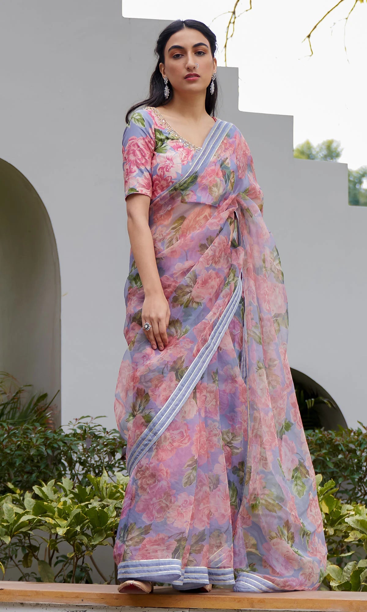 AZRA LILAC FLORAL PRINTED SAREE WITH FLORAL PRINT BLOUSE - SET OF 3