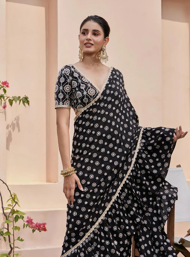 Crepe Brahmi Pre-Stitched Black Saree