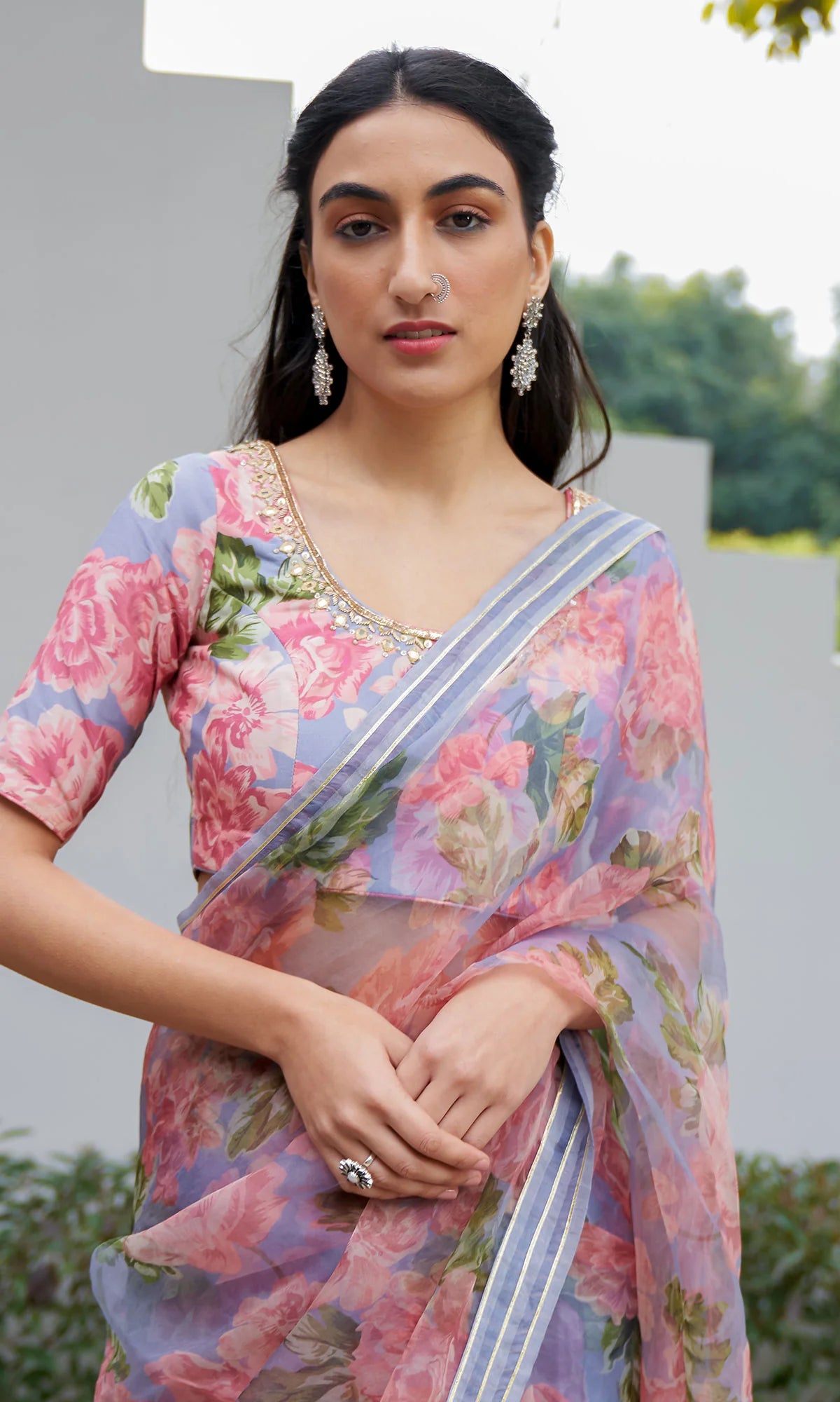 AZRA LILAC FLORAL PRINTED SAREE WITH FLORAL PRINT BLOUSE - SET OF 3