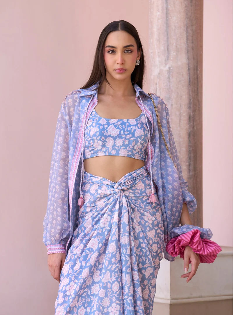 Nazeera Steel Blue Printed Organza Shirt & Lawn Skirt Set