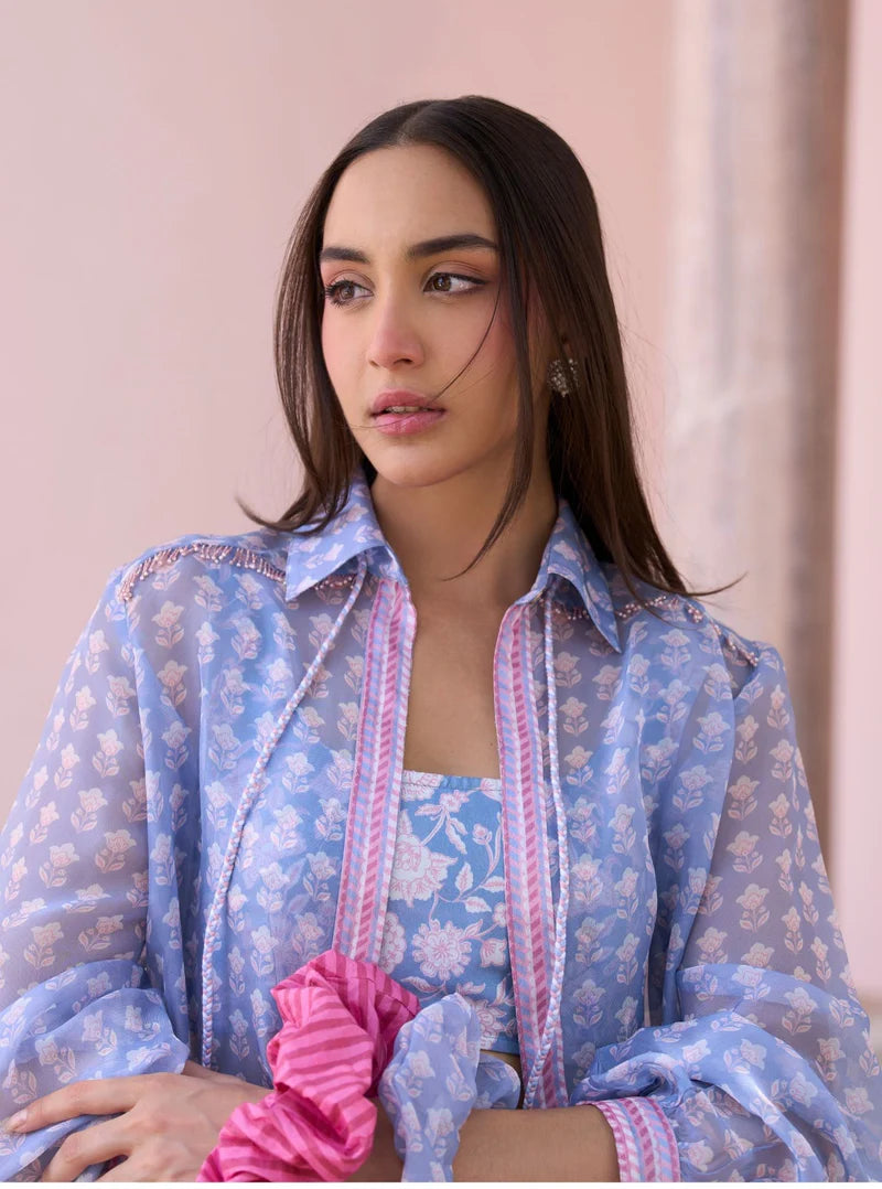 Nazeera Steel Blue Printed Organza Shirt & Lawn Skirt Set