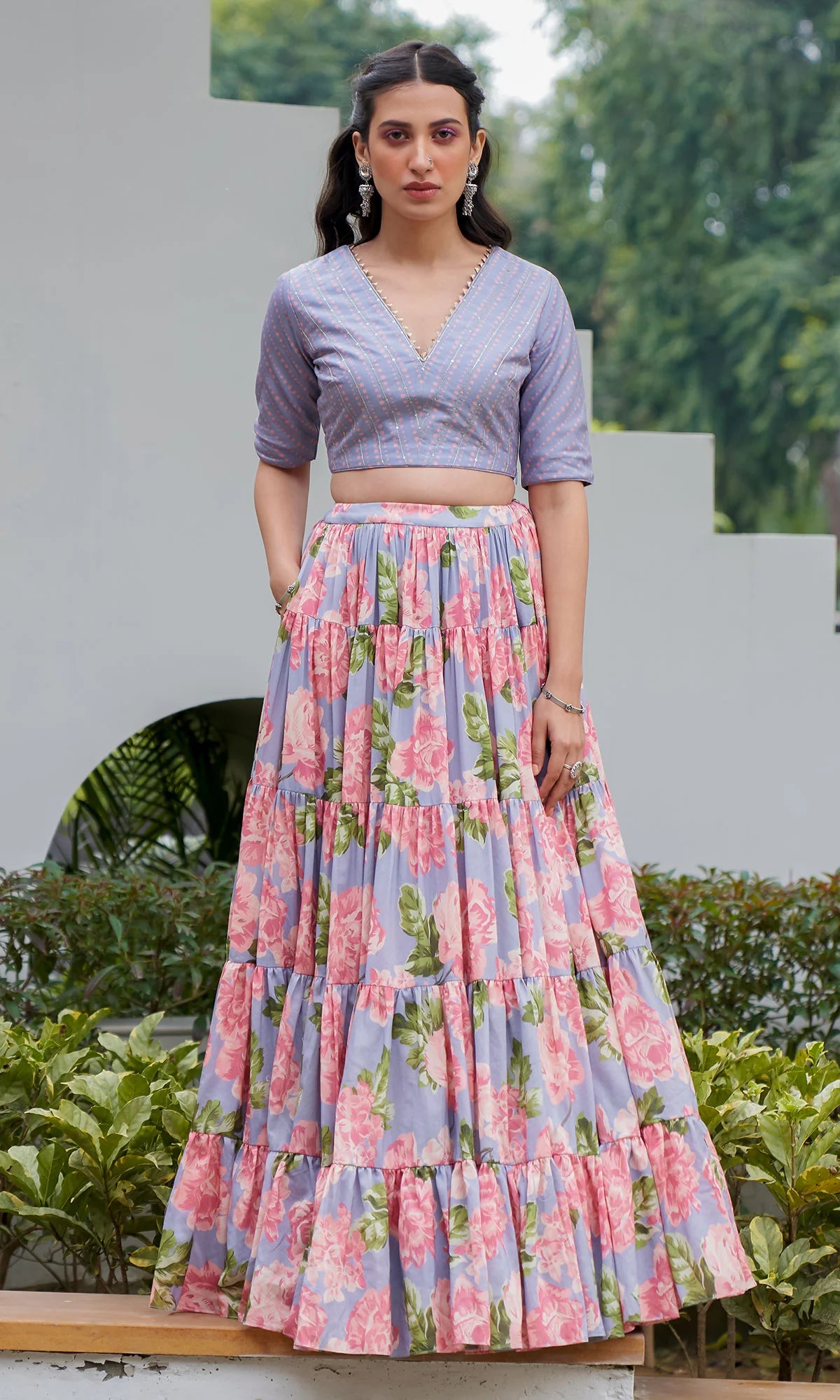 AZRA LILAC TIERED FLORAL PRINTED LEHENGA WITH BLOUSE & DUPATTA - SET OF 3