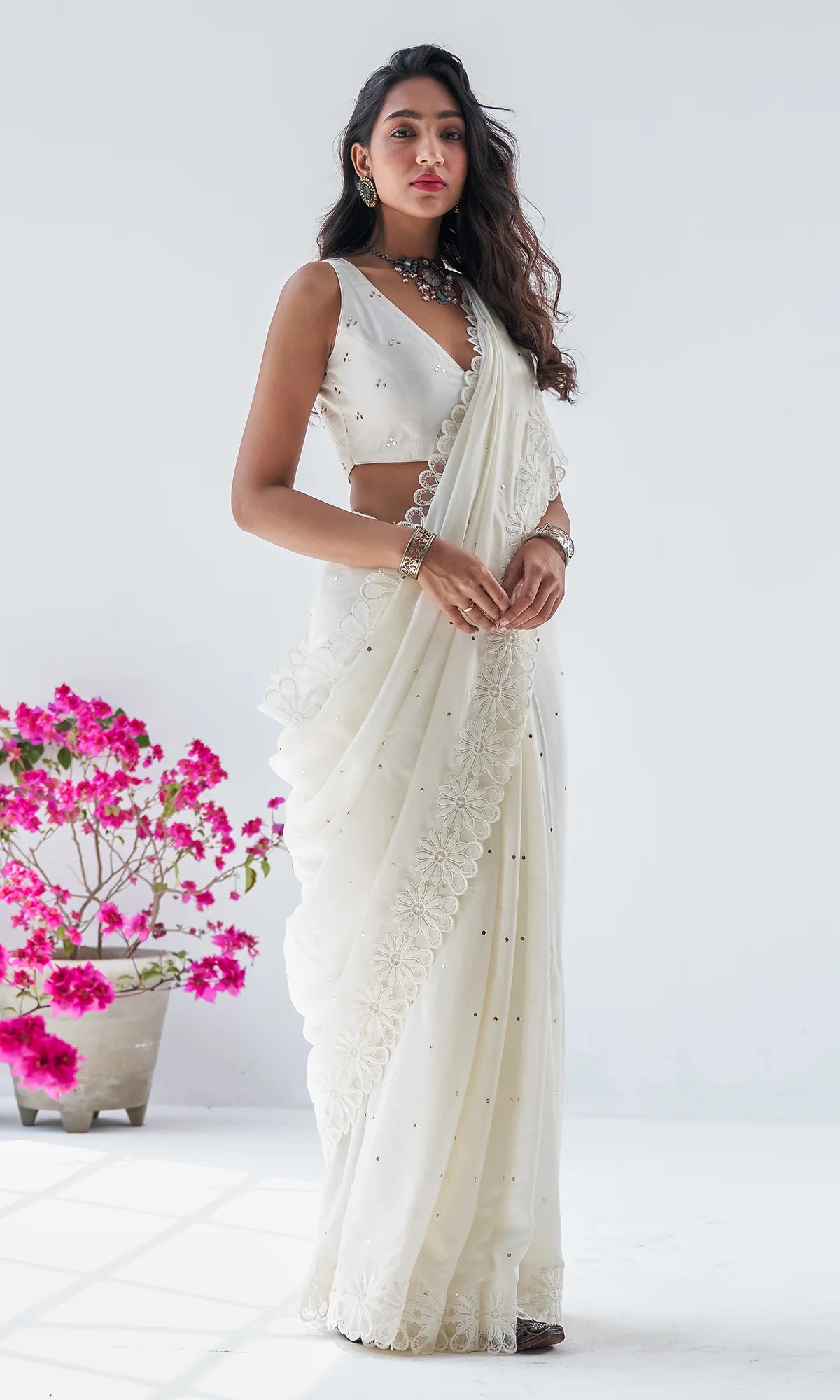 Firdaus Mughals Off White Sleeveless Mukaish Blouse with Mukaish and Floral Patch Work Saree and Petticoat - Set of 3